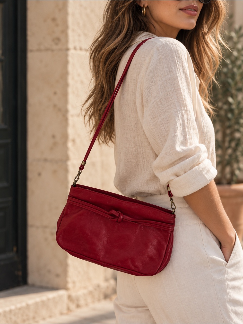Vintage Vermillion Red Leather Crossbody Bag